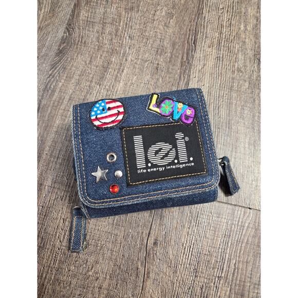L.E.I. Vintage 1990s 2000s Dark Jean Denim Wallet with Patches - Picture 1 of 9